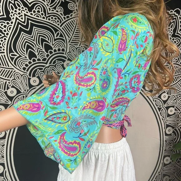 Open Front Tie Bell Sleeves Blouse - Picture 6 of 8